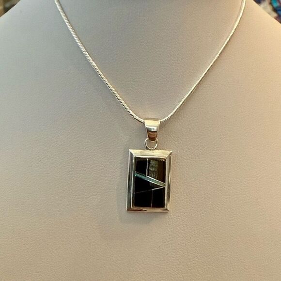 Navajo Handmade Multi Stone Pendant Necklace Onyx Opal Silver New - Picture 3 of 5